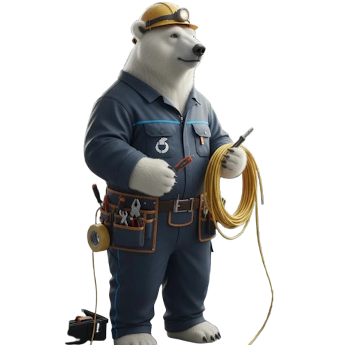 Ein Eisbär im Arbeitsanzug hält Kabel, umgeben von Werkzeugen, symbolisiert einen professionellen Elektriker mit Humor.