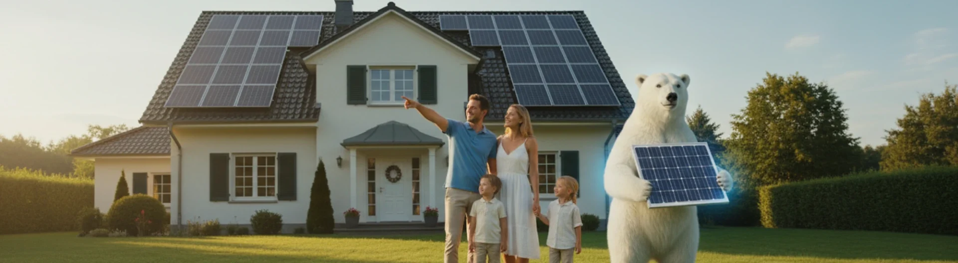 Familie, die glücklich vor einem modernen Haus steht, dessen Dach mit Solaranlagen ausgestattet ist. Neben der Familie steht ein Eisbär, das Maskottchen von Solarbär, der symbolisch ein Solarpanel in den Händen hält.