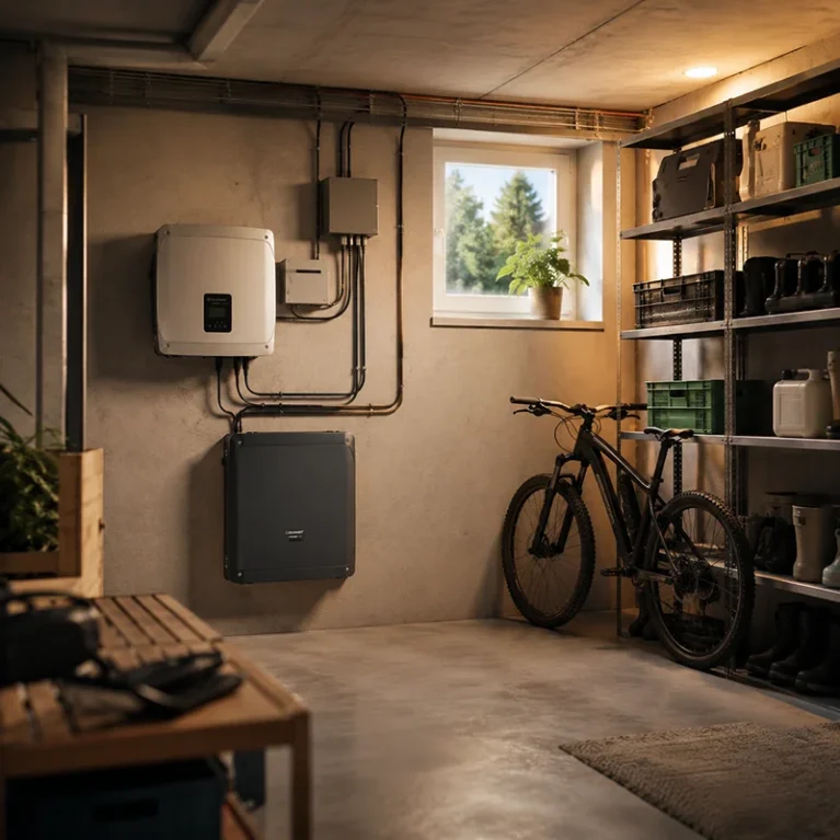 Keller eines EFH mit Solarwechselrichter und Stromspeicher an der Wand