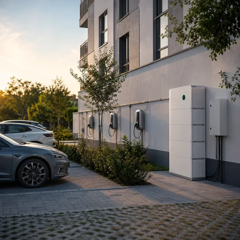 Elektrofahrzeuge laden an modernen Ladestationen vor einem Wohngebäude bei Sonnenuntergang, umweltfreundliche Mobilität im urbanen Raum.