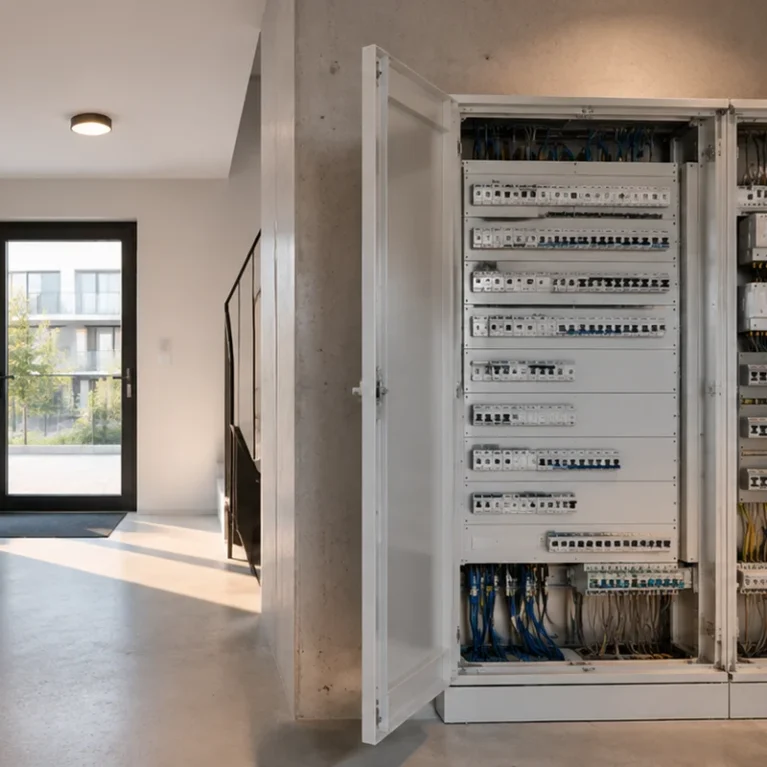 Offener Schaltschrank in einem modernen Flur eines Mehrfamilienhaus