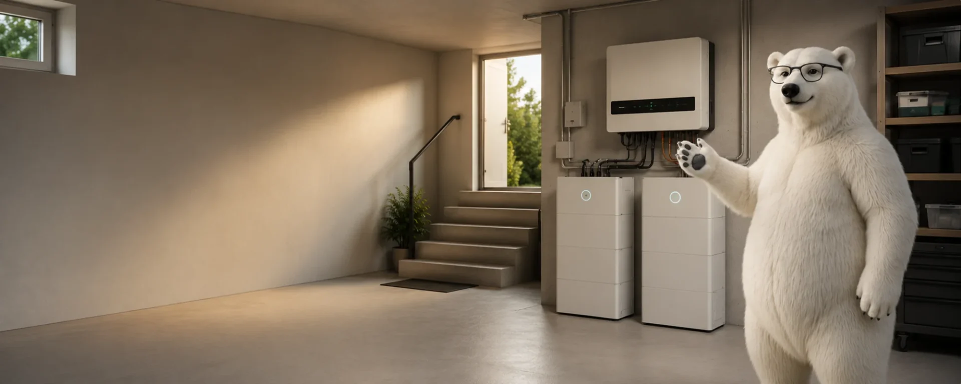 Energiespeicherlösungen in einem Keller, der Solarbär-Eisbär steht neben den Speichermodulen